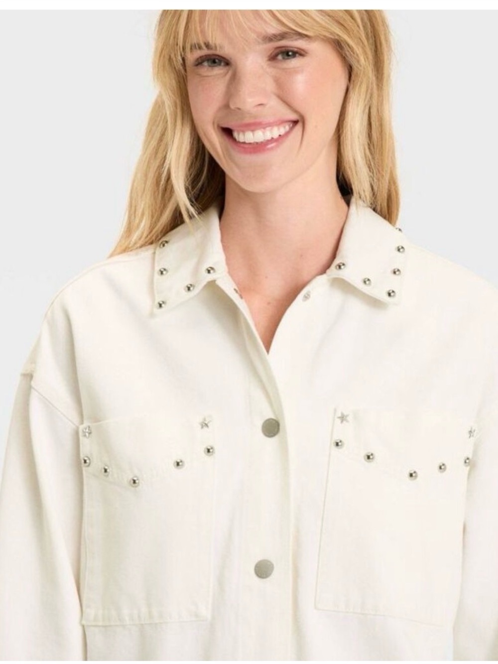 Universal Thread Cream Studded Button-Front Jean Jacket- Size Small - Picture 2 of 4